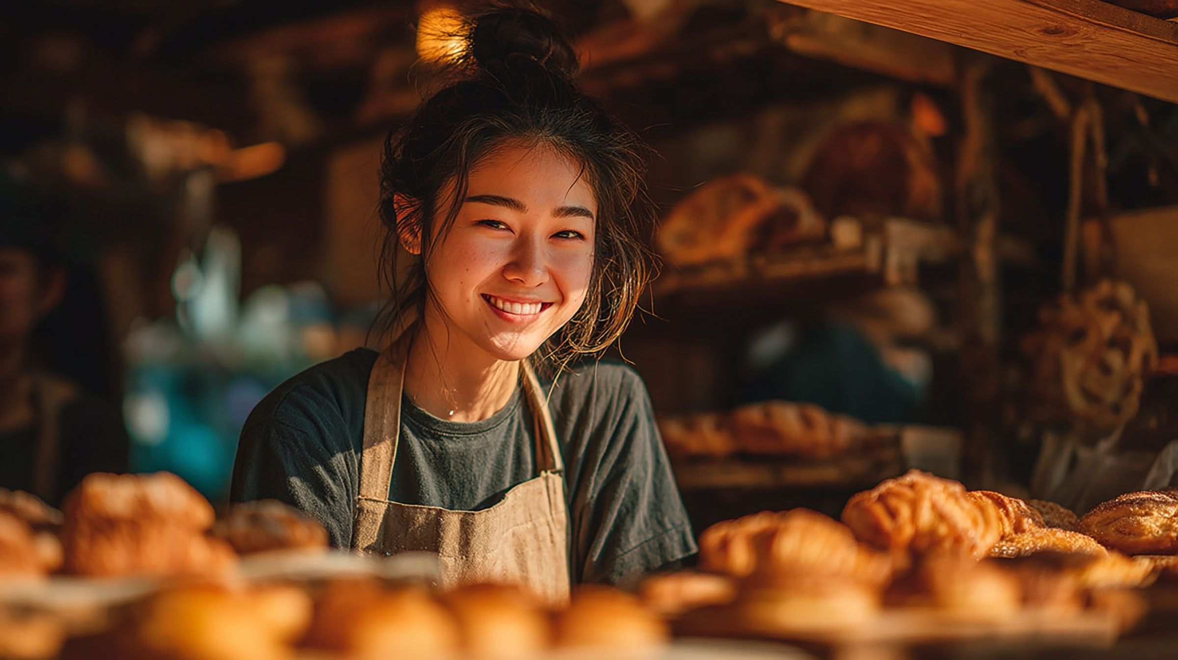 เจ้าของร้านหญิงกำลังจัดขนมบนชั้น แสงแดดตกกระทบใบหน้าอย่างอ่อนโยน