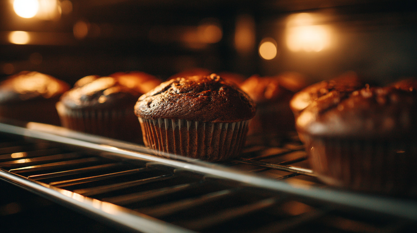 คัพเค้กกำลังอบในเตาอย่างสวยงาม