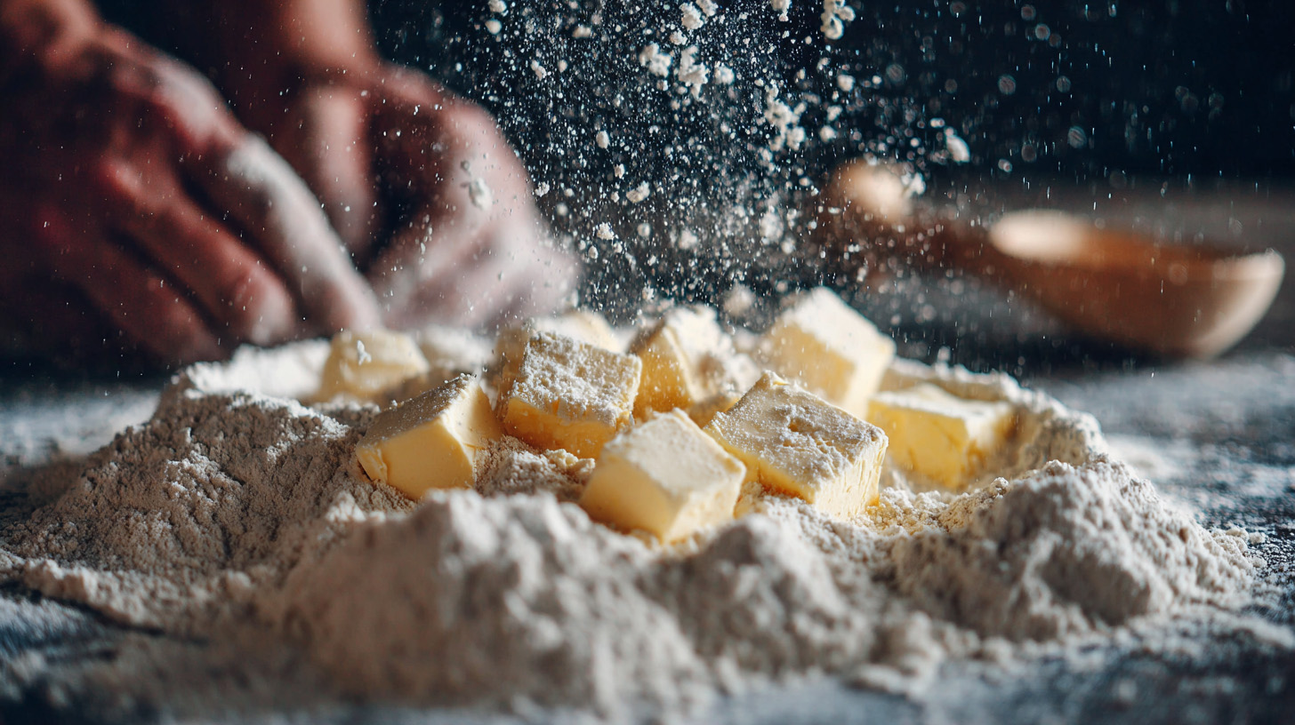 แป้ง ทาร์ต ผสมกับเนยเย็นเป็นชิ้นเล็ก ๆ