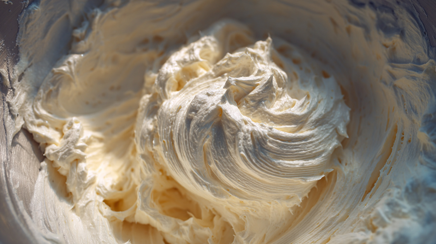 ครีมชีส วิปปิ้งครีม และน้ำตาลในอ่าง