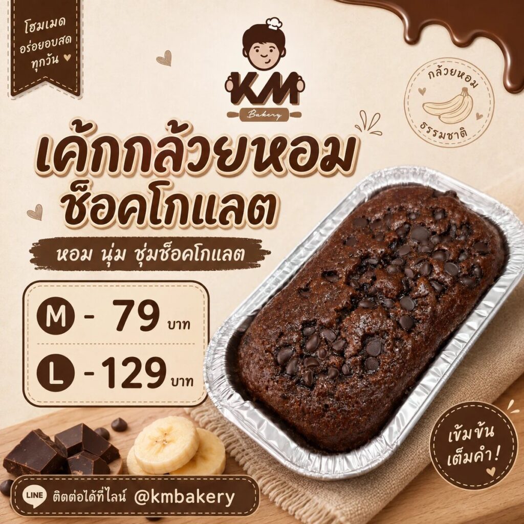 โปสเตอร์เค้กกล้วยหอมช็อกโกแลต แสดงเค้กในถาดฟอยล์โรยช็อกโกแลตชิพ พร้อมราคา ขนาด M 79 บาท ขนาด L 129 บาท